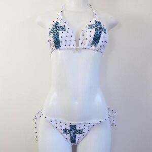 y2k polka dot cross bikini white teal leopard graphic swim